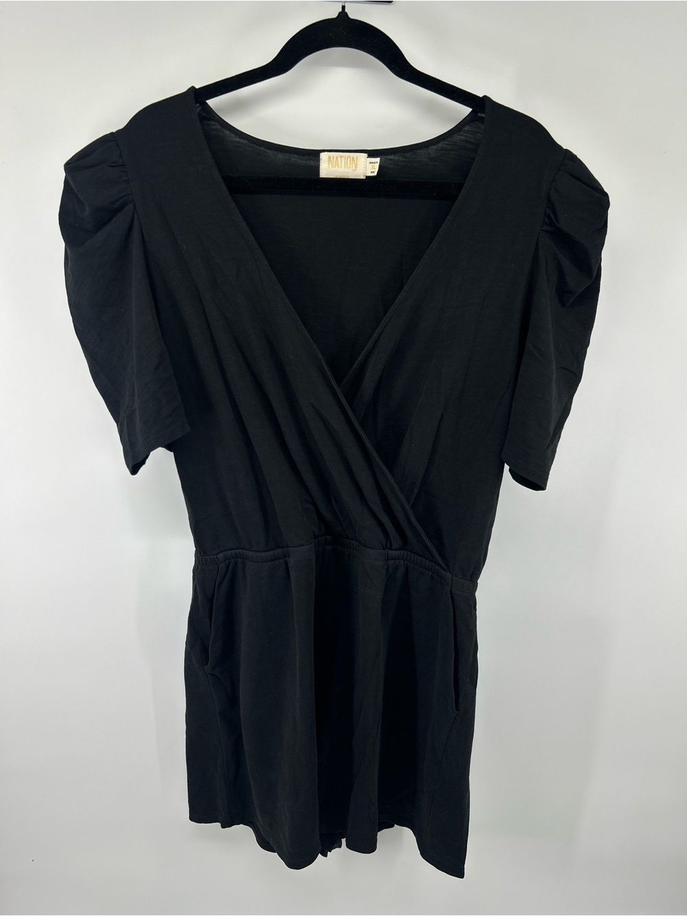 Nation LTD Black Wrap Romper with Puff Sleeves